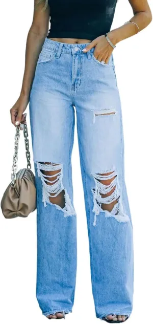 LAFOURAM Womens Ripped Jeans High Waisted Loose Straight Wide Leg Distressed Demin Pants