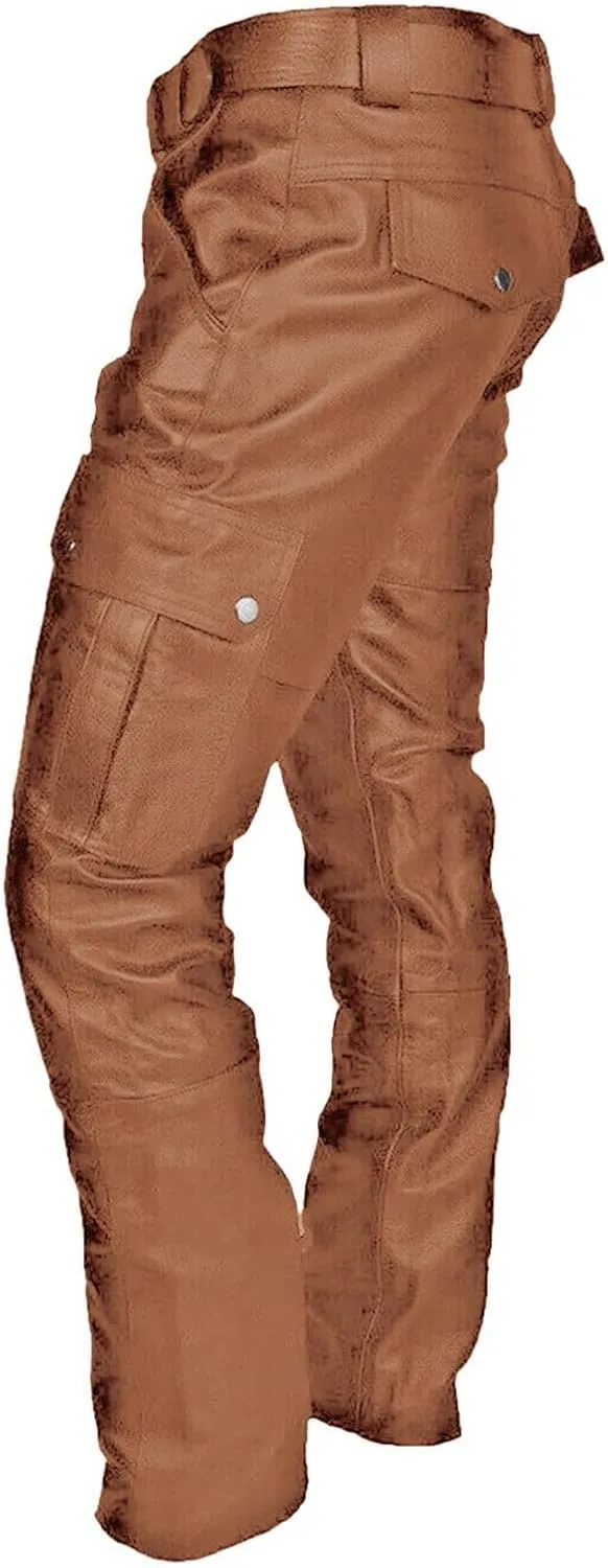 Leather Pants for Men Slim Fit Retro Punk Gothic Motorcycle Pants Lightweight Plus Size Comfy Athletic Casual Trousers