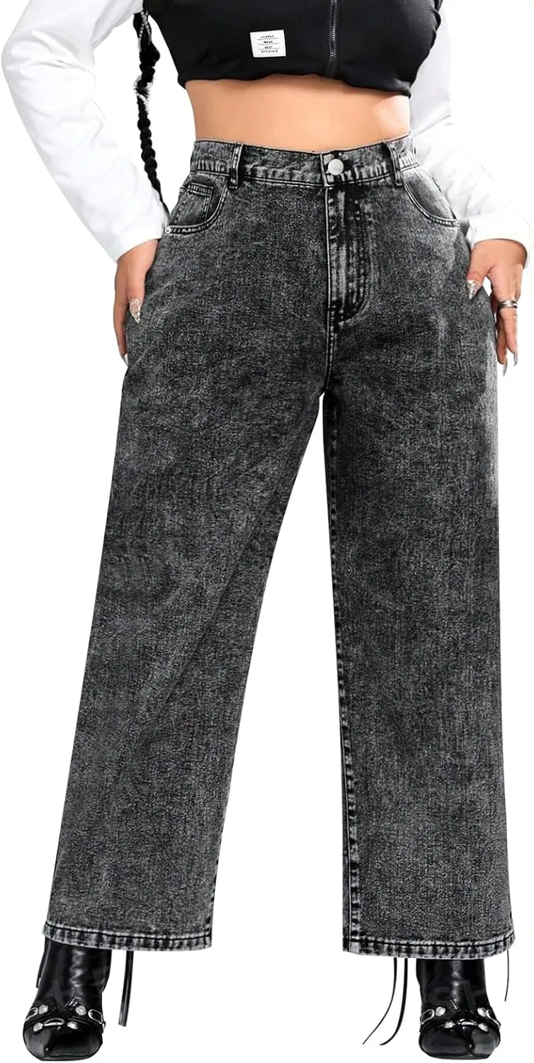 LEIJIJEANS Plus Size Baggy Jeans for Women Wide Leg Women Jeans Full Length Mom High Waist Tall Loose Wide Leg Pants
