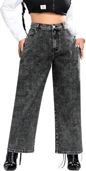 LEIJIJEANS Plus Size Baggy Jeans for Women Wide Leg Women Jeans Full Length Mom High Waist Tall Loose Wide Leg Pants