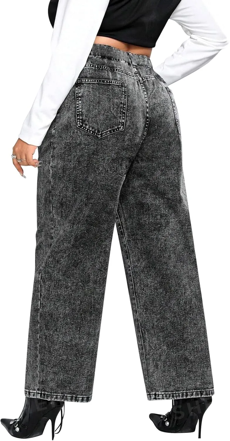 LEIJIJEANS Plus Size Baggy Jeans for Women Wide Leg Women Jeans Full Length Mom High Waist Tall Loose Wide Leg Pants
