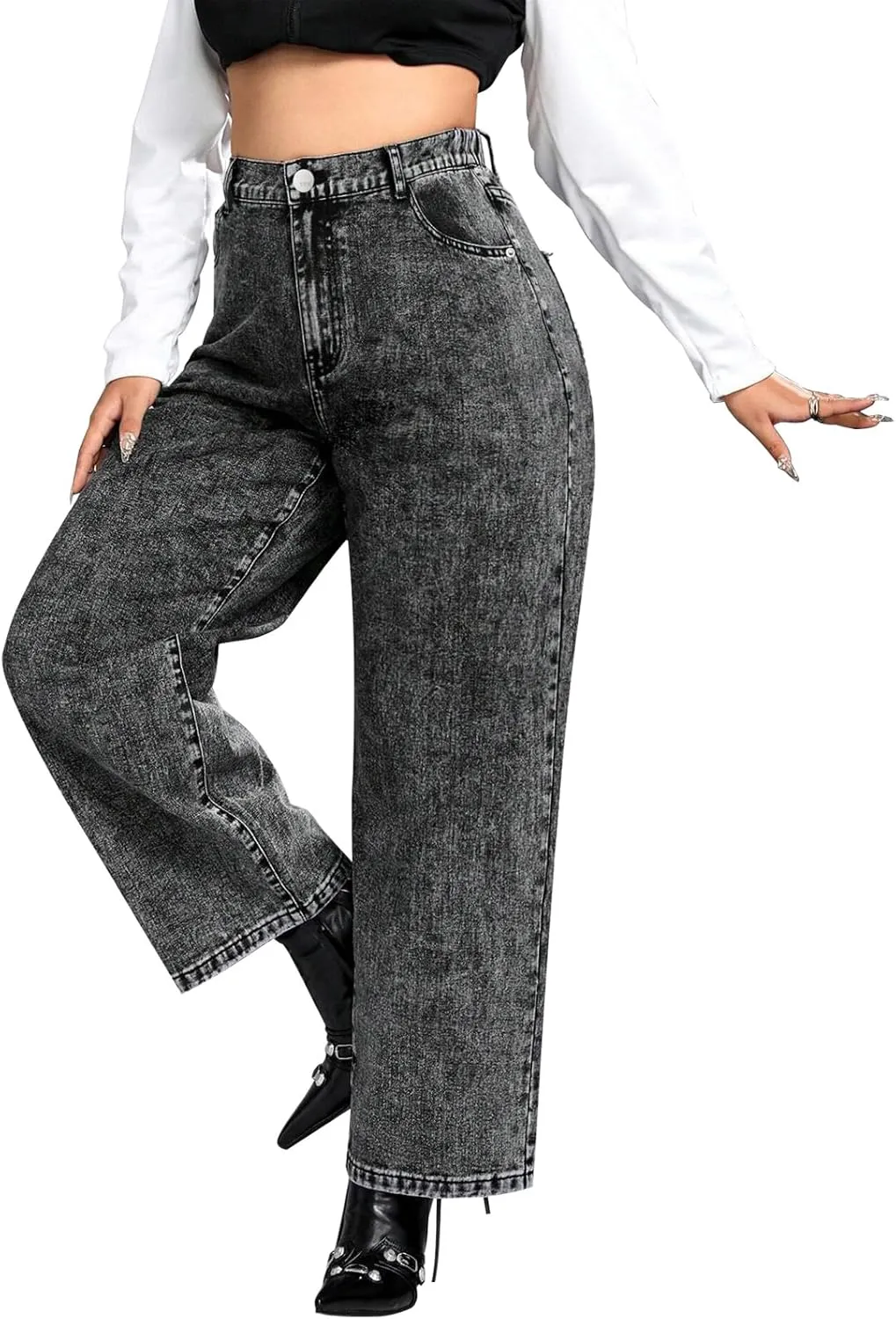 LEIJIJEANS Plus Size Baggy Jeans for Women Wide Leg Women Jeans Full Length Mom High Waist Tall Loose Wide Leg Pants