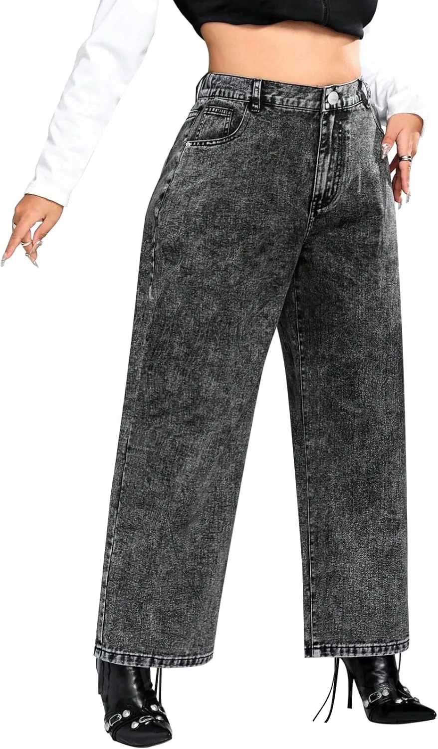 LEIJIJEANS Plus Size Baggy Jeans for Women Wide Leg Women Jeans Full Length Mom High Waist Tall Loose Wide Leg Pants