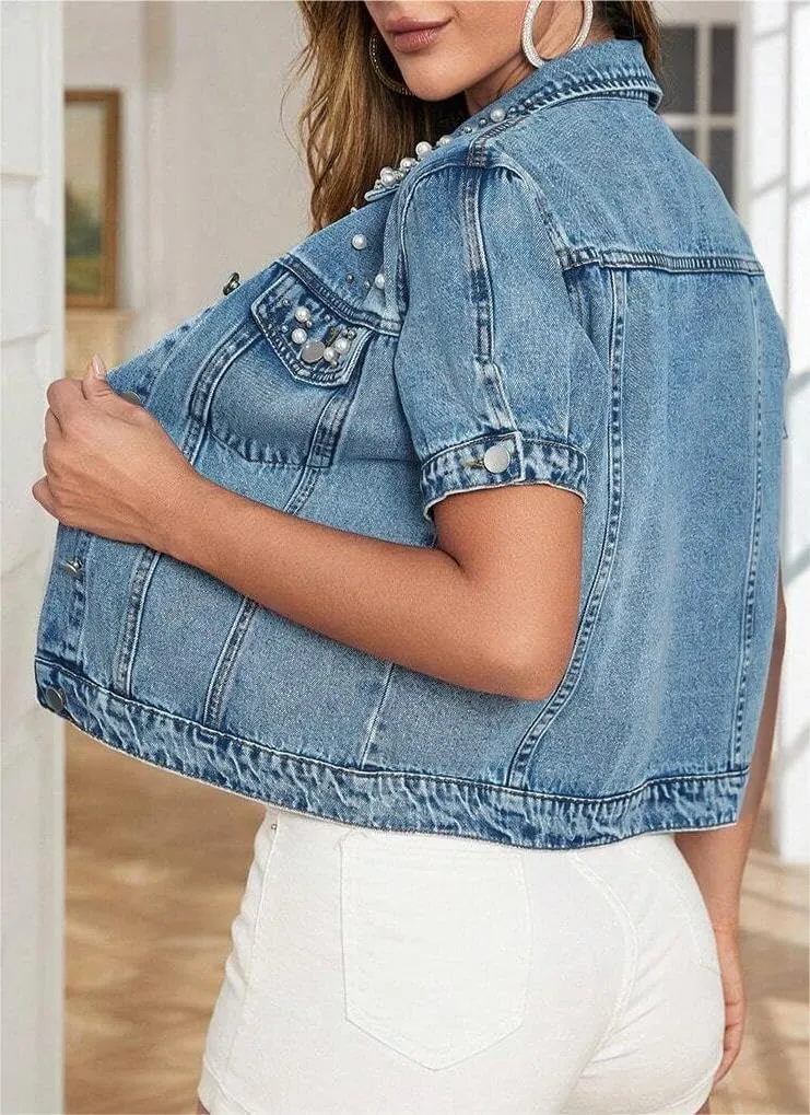 LifeShe Women's Pearls Denim Jacket Casual Short Sleeve Cropped Jean Jackets Coats