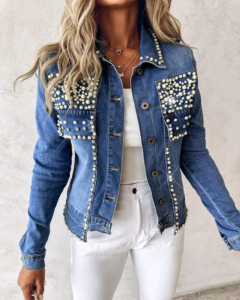 LifeShe Women's Pearls Denim Jacket Cropped Rhinestones Jean Blazer Coat