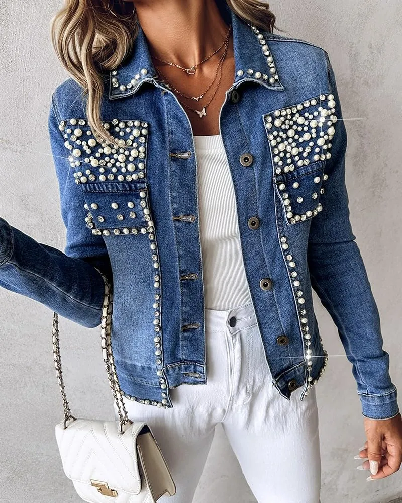 LifeShe Women's Pearls Denim Jacket Cropped Rhinestones Jean Blazer Coat