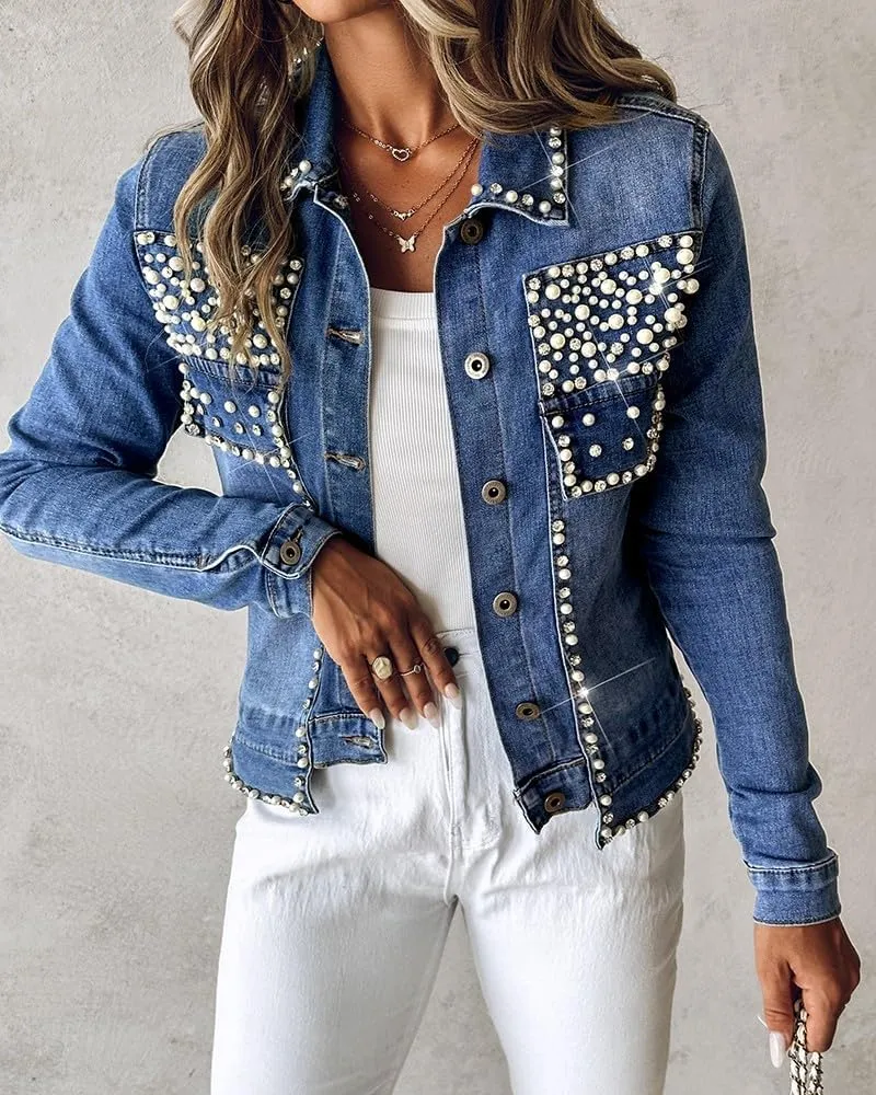 LifeShe Women's Pearls Denim Jacket Cropped Rhinestones Jean Blazer Coat