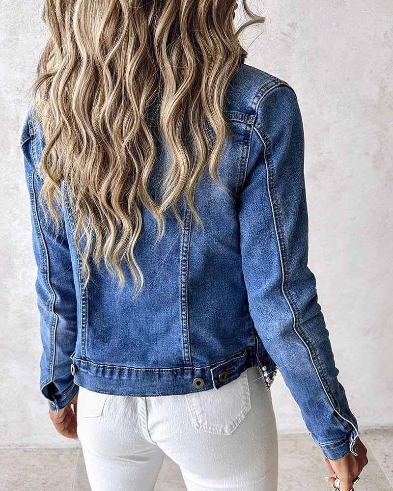 LifeShe Women's Pearls Denim Jacket Cropped Rhinestones Jean Blazer Coat