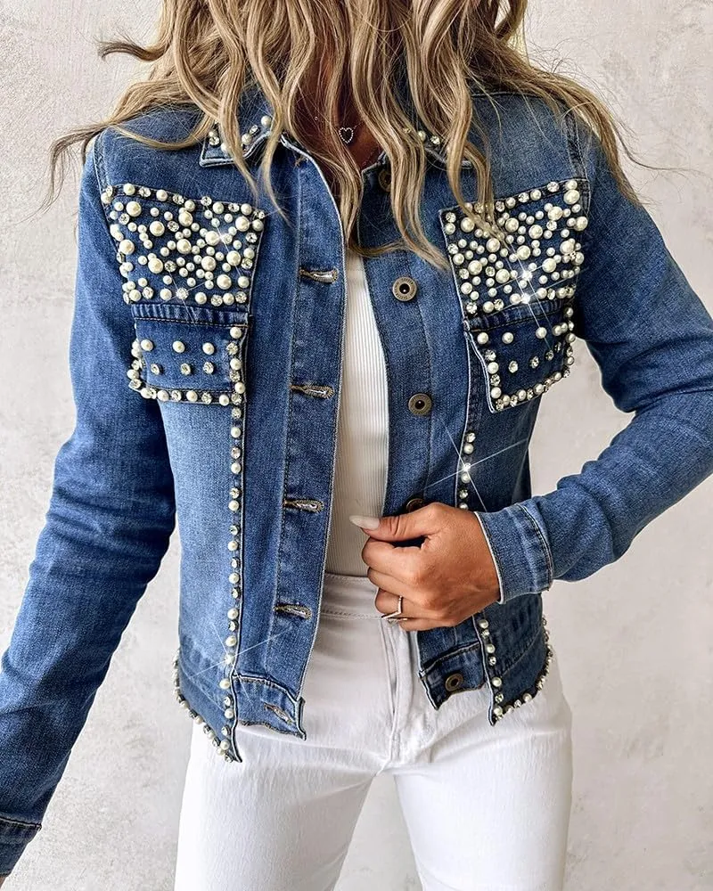 LifeShe Women's Pearls Denim Jacket Cropped Rhinestones Jean Blazer Coat