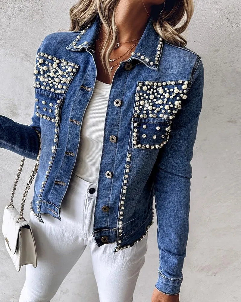 LifeShe Women's Pearls Denim Jacket Cropped Rhinestones Jean Blazer Coat