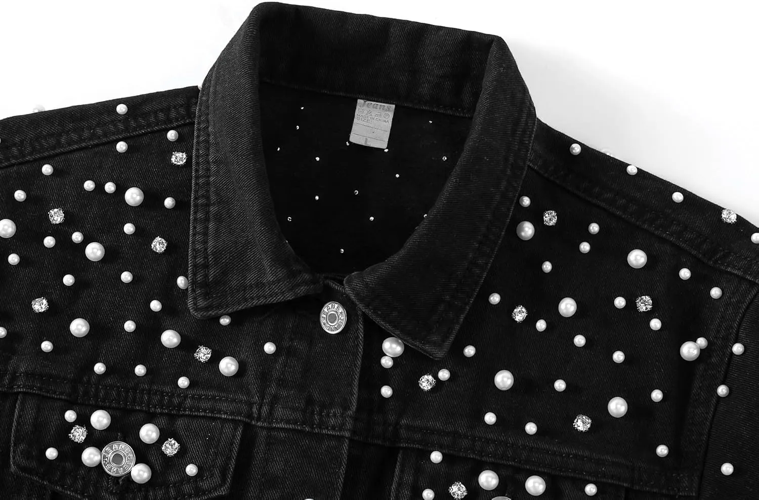 LifeShe Women's Pearls Denim Jacket Cropped Rhinestones Jean Jacket Coat
