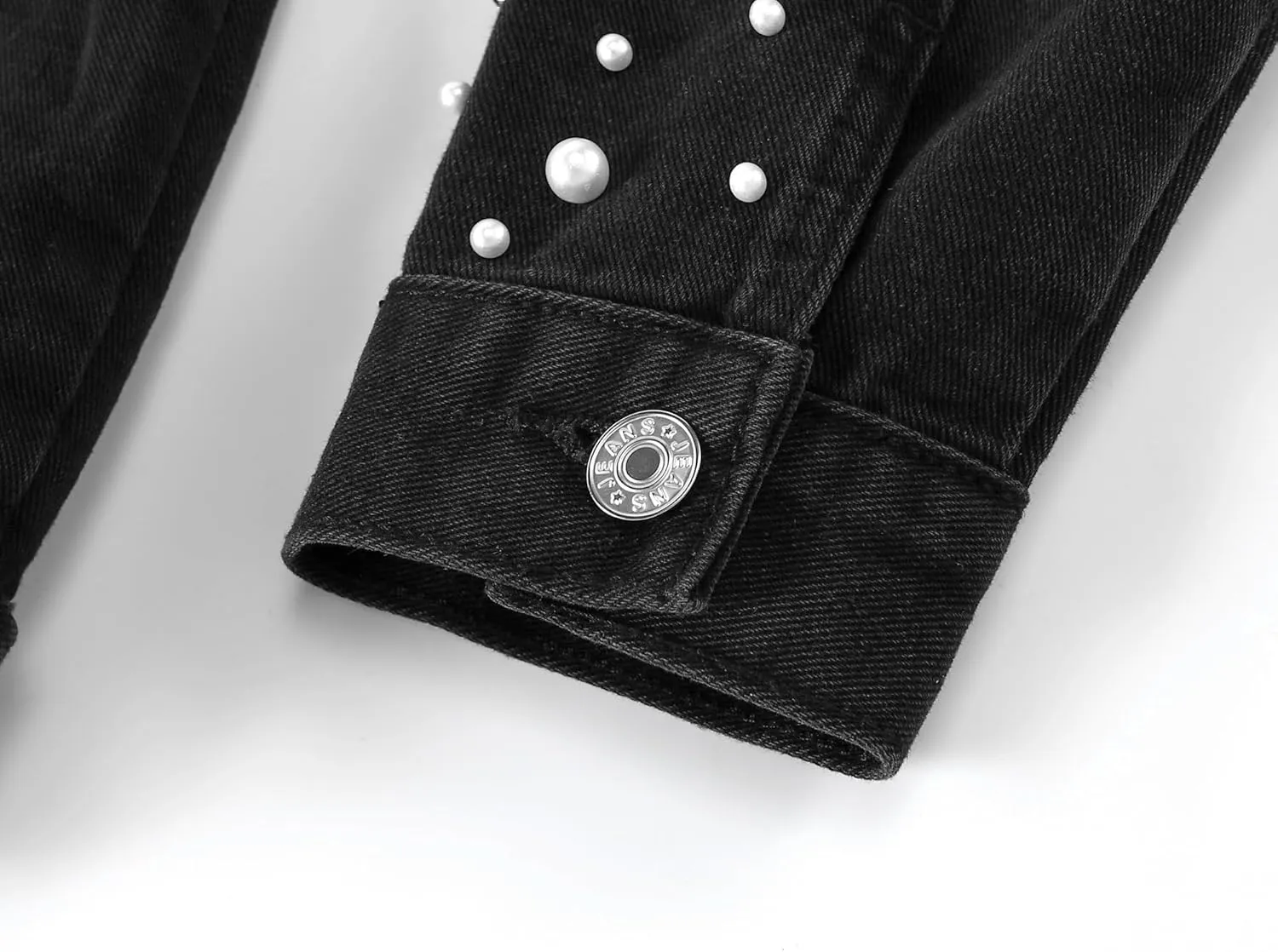 LifeShe Women's Pearls Denim Jacket Cropped Rhinestones Jean Jacket Coat