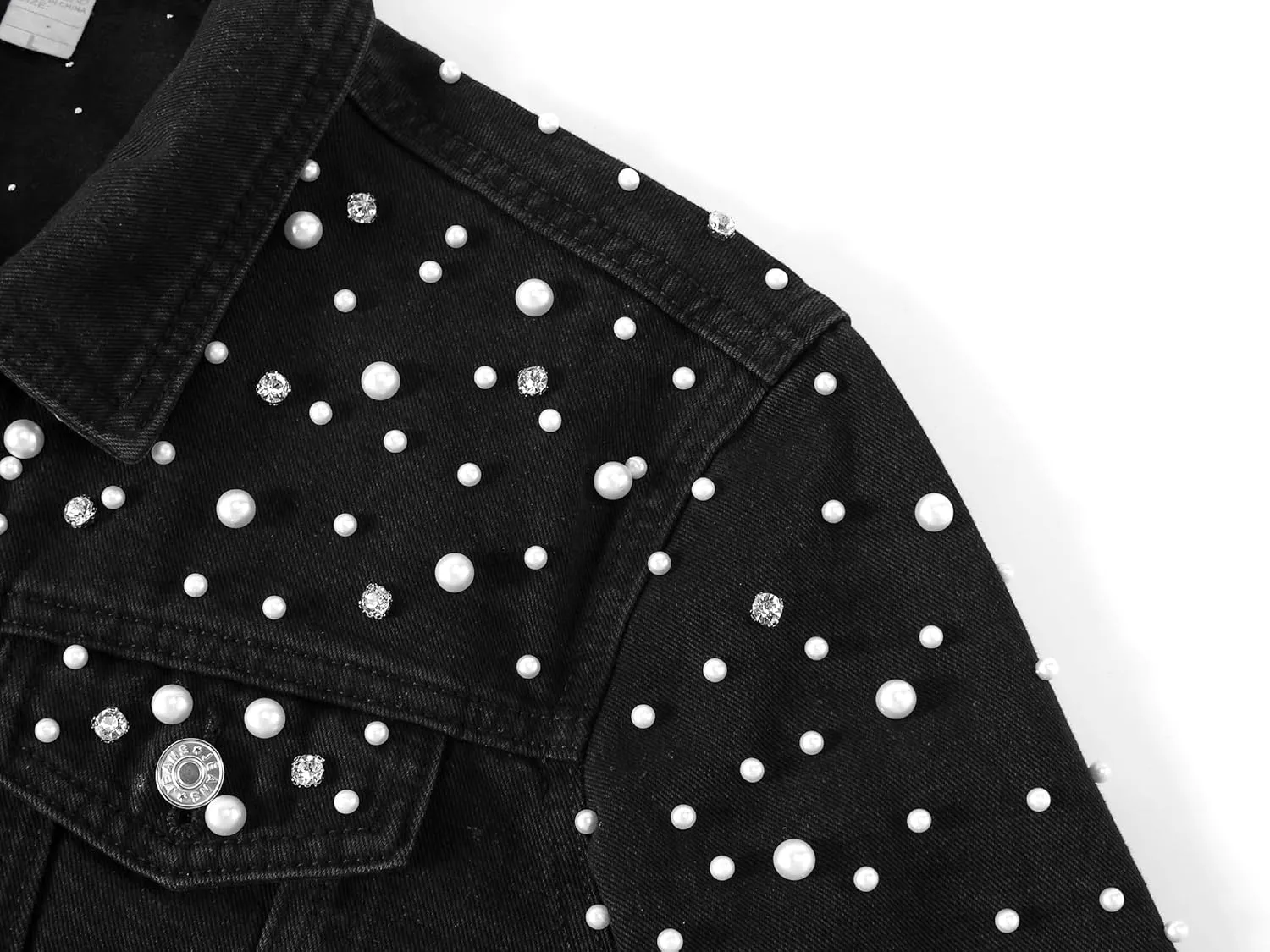 LifeShe Women's Pearls Denim Jacket Cropped Rhinestones Jean Jacket Coat