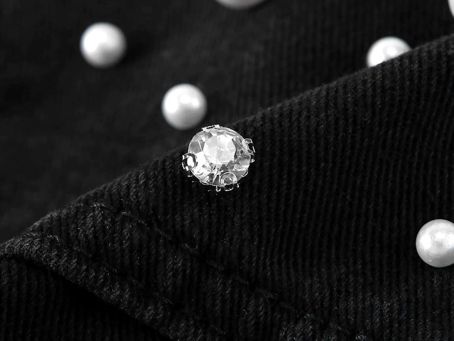 LifeShe Women's Pearls Denim Jacket Cropped Rhinestones Jean Jacket Coat