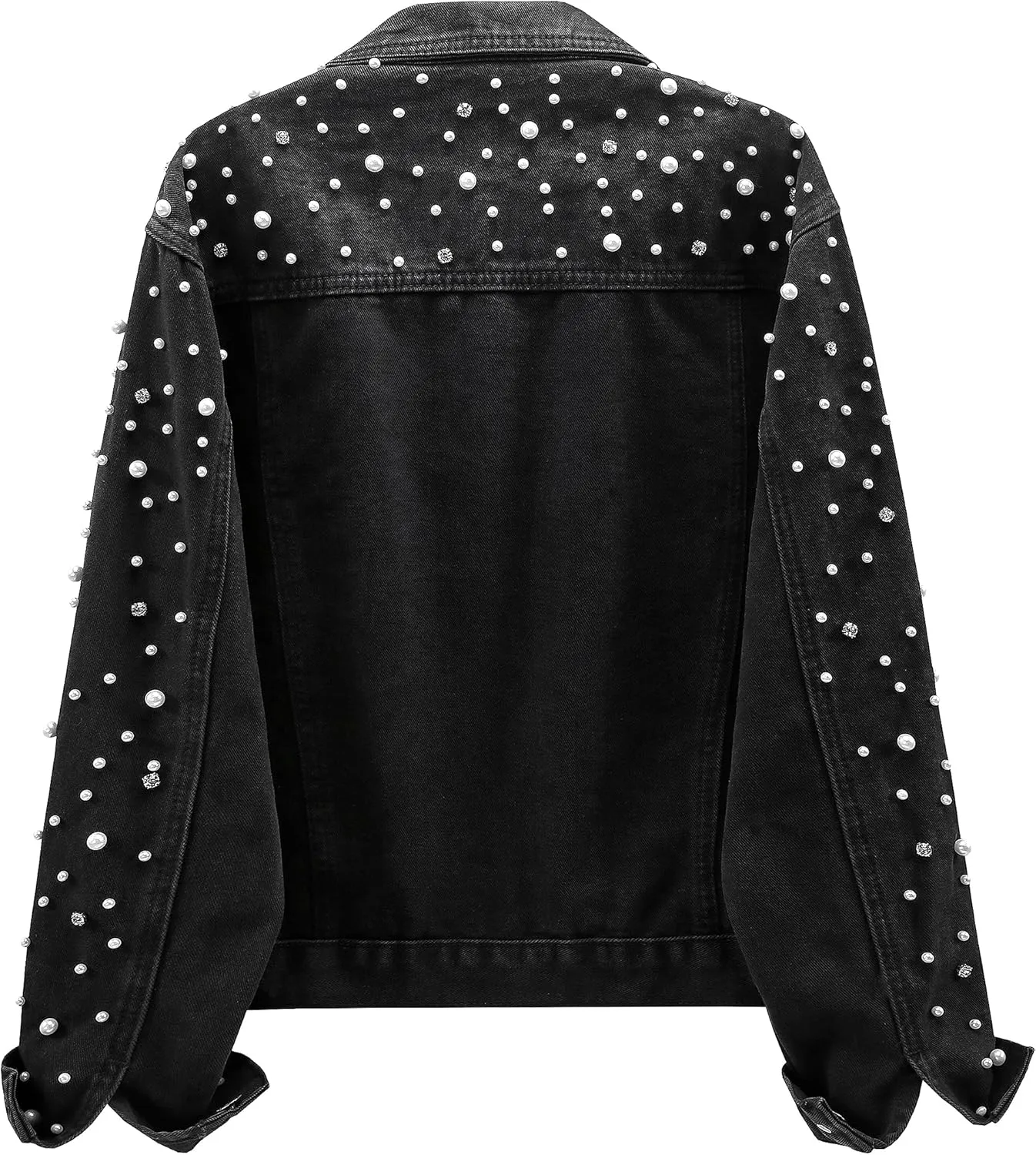 LifeShe Women's Pearls Denim Jacket Cropped Rhinestones Jean Jacket Coat