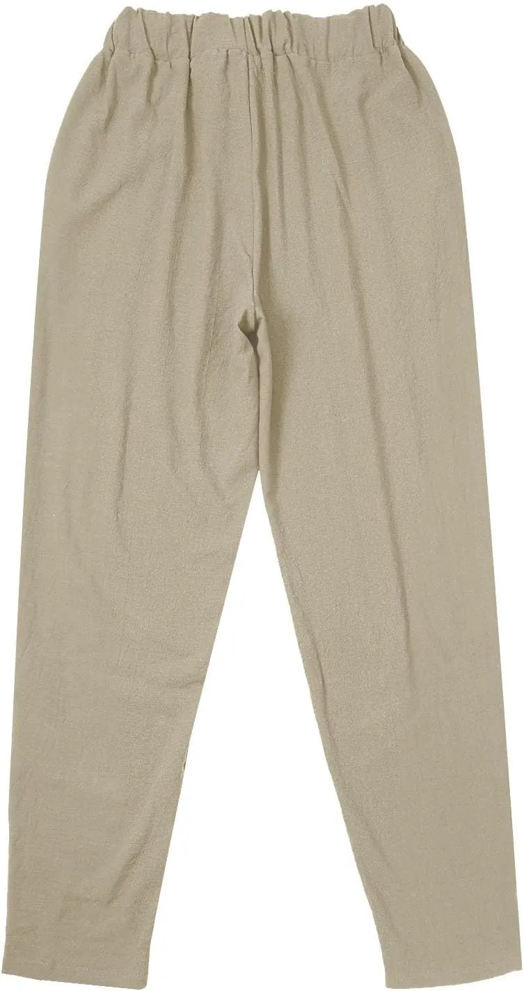 Linen Pants Women Side Cutout Elastic High Waisted Straight Leg Pants Relaxed Fit Beach Trousers with Pockets