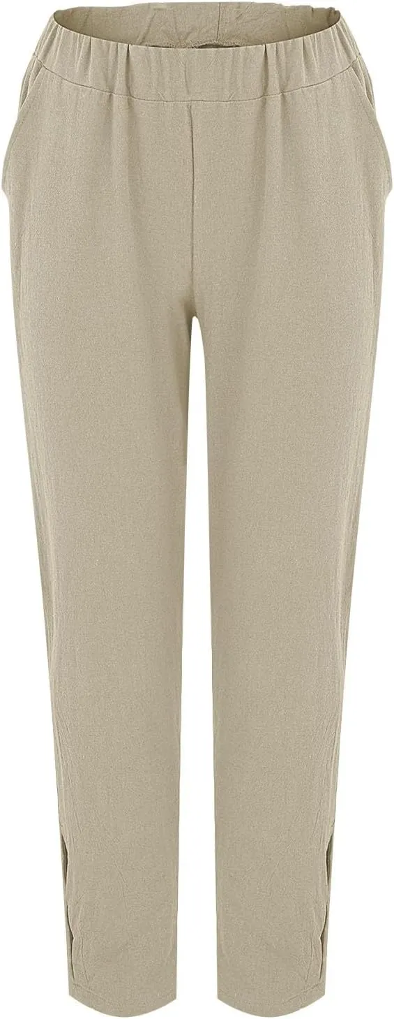 Linen Pants Women Side Cutout Elastic High Waisted Straight Leg Pants Relaxed Fit Beach Trousers with Pockets