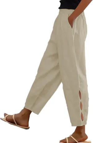 Linen Pants Women Side Cutout Elastic High Waisted Straight Leg Pants Relaxed Fit Beach Trousers with Pockets