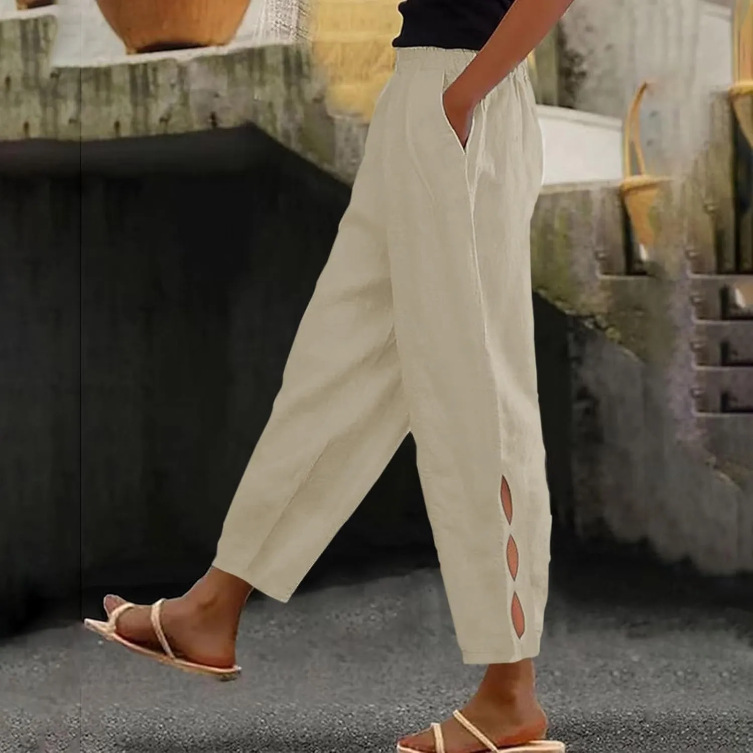 Linen Pants Women Side Cutout Elastic High Waisted Straight Leg Pants Relaxed Fit Beach Trousers with Pockets