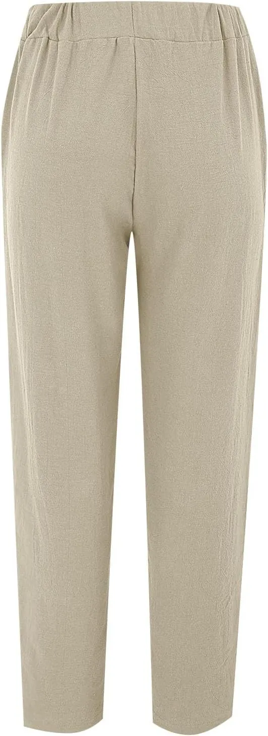 Linen Pants Women Side Cutout Elastic High Waisted Straight Leg Pants Relaxed Fit Beach Trousers with Pockets