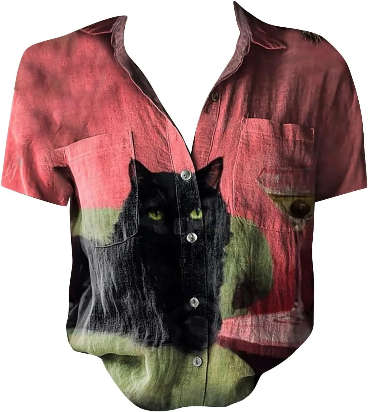 Linen Shirts for Women Summer Casual Beach Tops with Pockets V Neck Collared Black and White Stripes and White Floral Prints