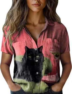 Linen Shirts for Women Summer Casual Beach Tops with Pockets V Neck Collared Black and White Stripes and White Floral Prints