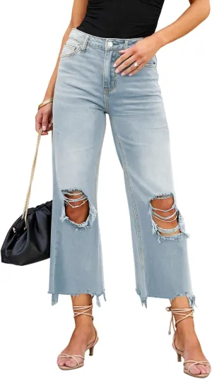 LOLONG High Waisted Ripped Flare Jeans for Women Casual Distressed Pants