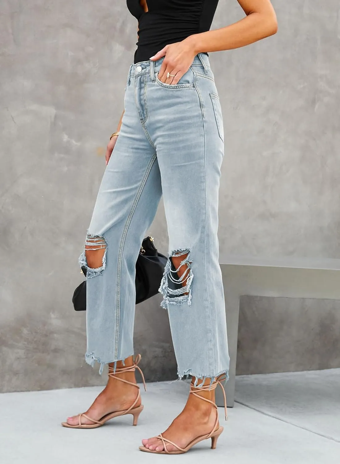 LOLONG High Waisted Ripped Flare Jeans for Women Casual Distressed Pants