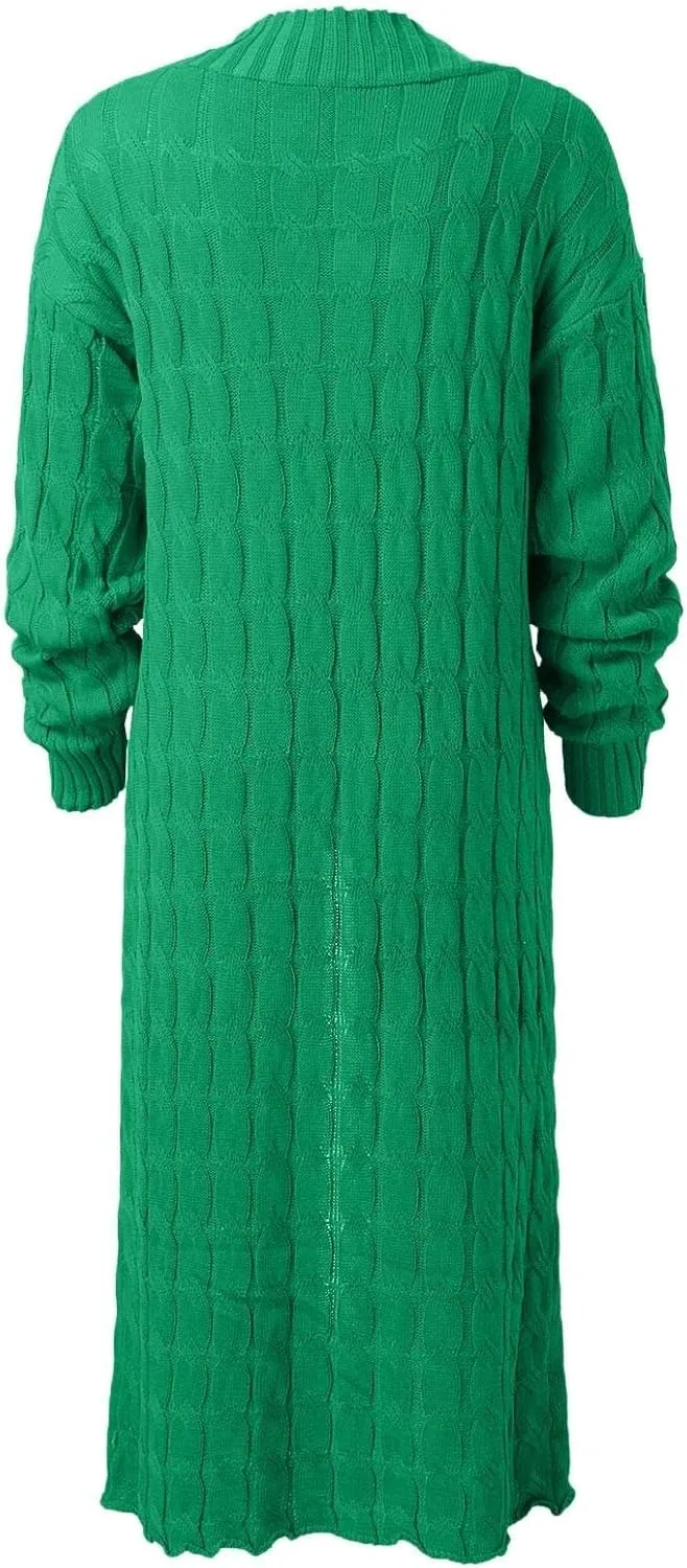 Long Cardigan for Women Long Sleeve Cable Knit Loose Plain Fall Winter Trench Coat with Pocket Ankle Length Warm Trendy