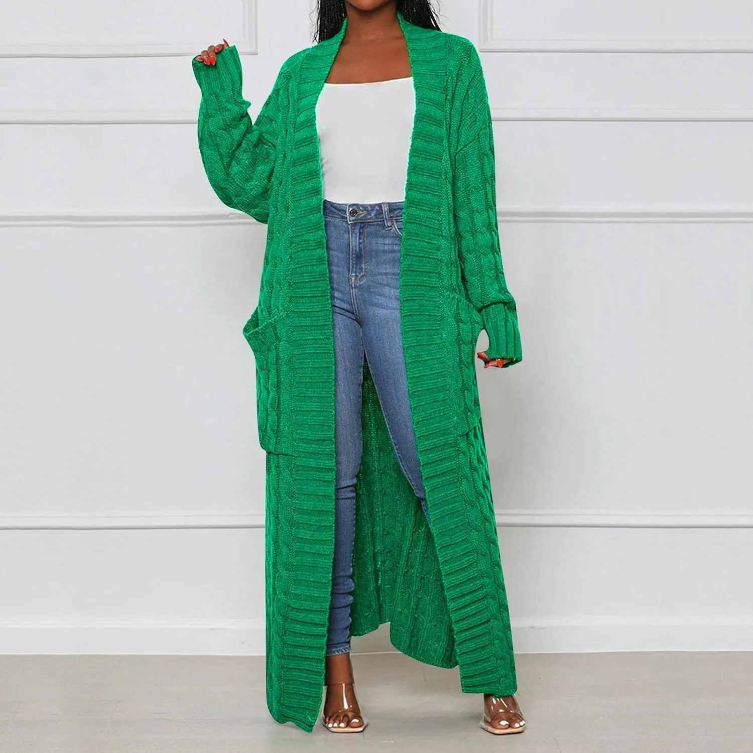 Long Cardigan for Women Long Sleeve Cable Knit Loose Plain Fall Winter Trench Coat with Pocket Ankle Length Warm Trendy