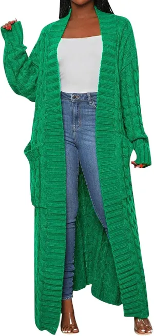 Long Cardigan for Women Long Sleeve Cable Knit Loose Plain Fall Winter Trench Coat with Pocket Ankle Length Warm Trendy