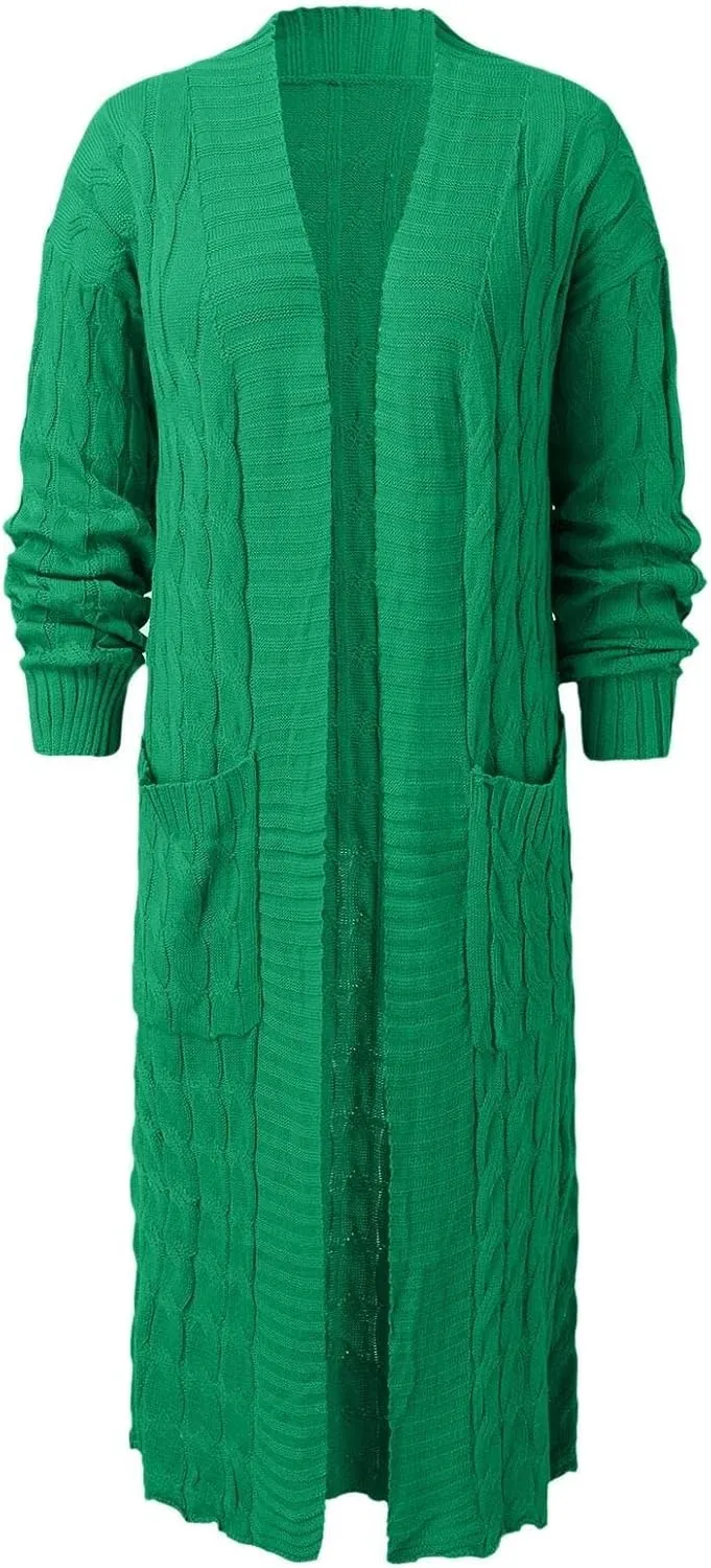 Long Cardigan for Women Long Sleeve Cable Knit Loose Plain Fall Winter Trench Coat with Pocket Ankle Length Warm Trendy