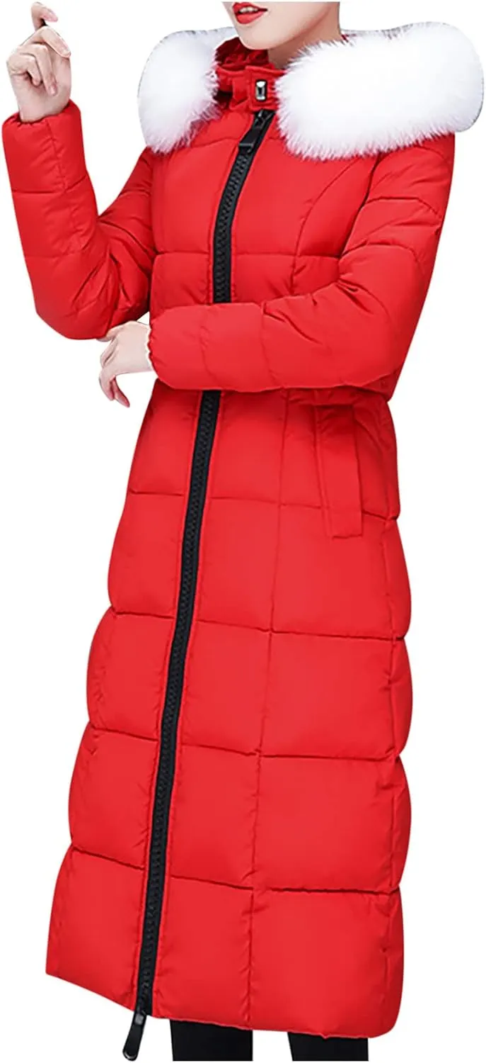 Long Down Winter Coats For Women Thicken Down Coats Full Zip Long Puffer Jacket Fur Hooded Quilted Parka Padded Jacket