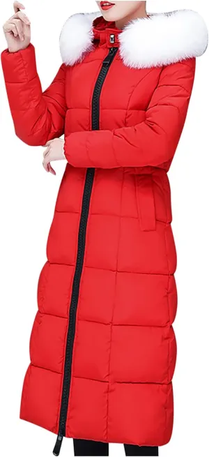 Long Down Winter Coats For Women Thicken Down Coats Full Zip Long Puffer Jacket Fur Hooded Quilted Parka Padded Jacket