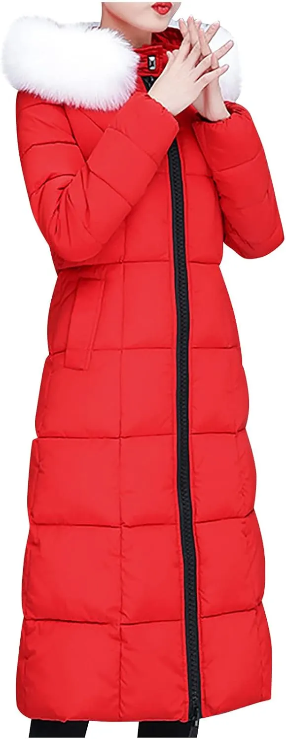 Long Down Winter Coats For Women Thicken Down Coats Full Zip Long Puffer Jacket Fur Hooded Quilted Parka Padded Jacket
