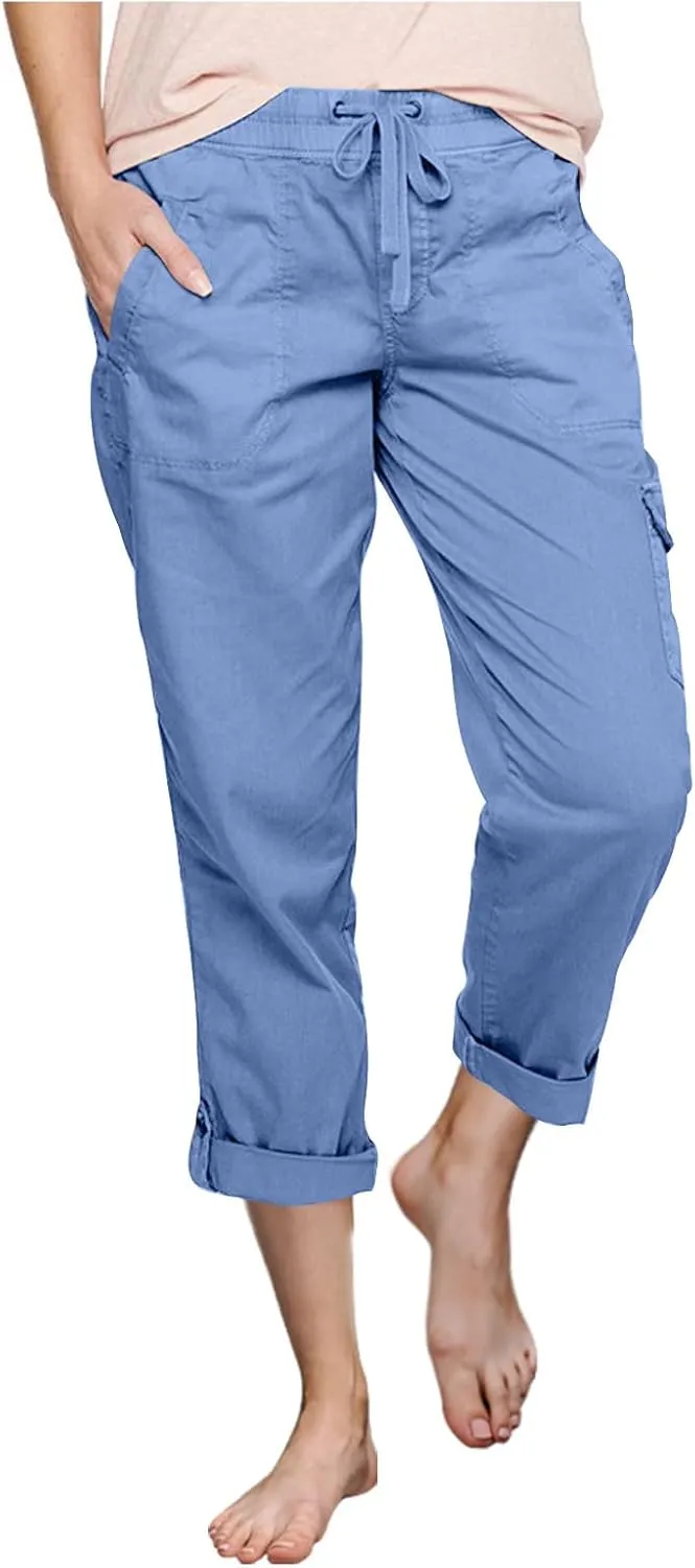 Long Straight Chino Pants for Women Plus Size Elastic Waist Summer Casual Baggy Slacks Work Office Business Trousers