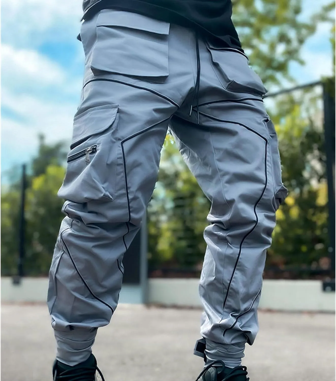 Maiyifu-GJ Men's Multi-Pocket Cargo Pants Elastic Waist Hiking Sweatpants Casual Athletic Running Joggers Trousers