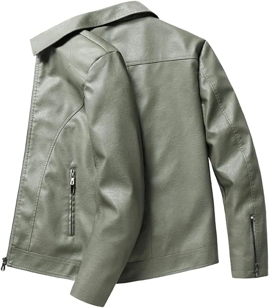 Men Casual Motorcycle Biker Jacket Vintage Outwear Mandarin Collar Leather CASUAL Jacket