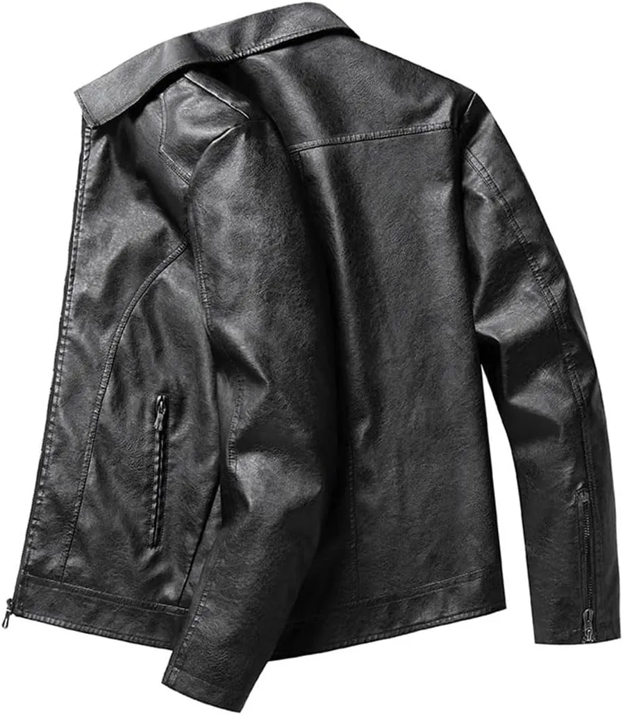 Men Casual Motorcycle Biker Jacket Vintage Outwear Mandarin Collar Leather CASUAL Jacket
