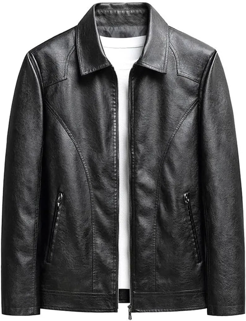 Men Casual Motorcycle Biker Jacket Vintage Outwear Mandarin Collar Leather CASUAL Jacket