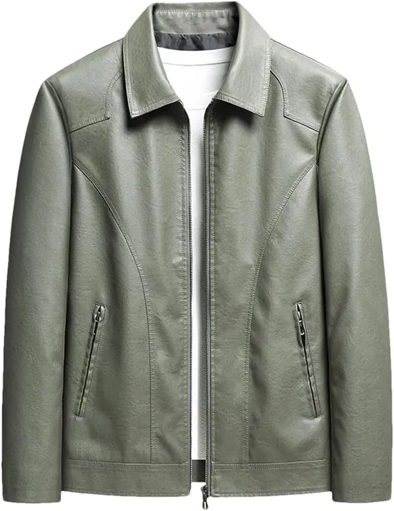 Men Casual Motorcycle Biker Jacket Vintage Outwear Mandarin Collar Leather CASUAL Jacket