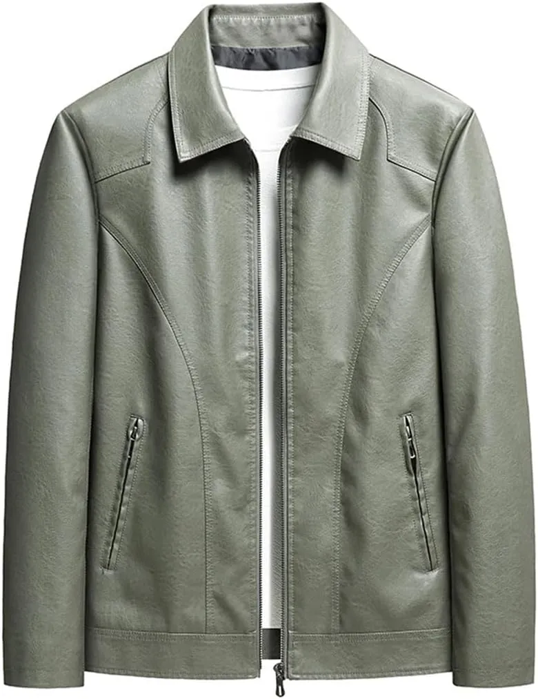 Men Casual Motorcycle Biker Jacket Vintage Outwear Mandarin Collar Leather CASUAL Jacket