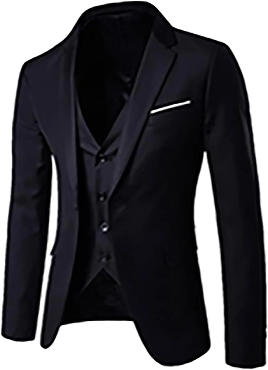 Mens 3 Piece Suit Blazer, Slim Fit Tux with One Button, Jacket Vest and Pants Set for Party, Wedding and Business