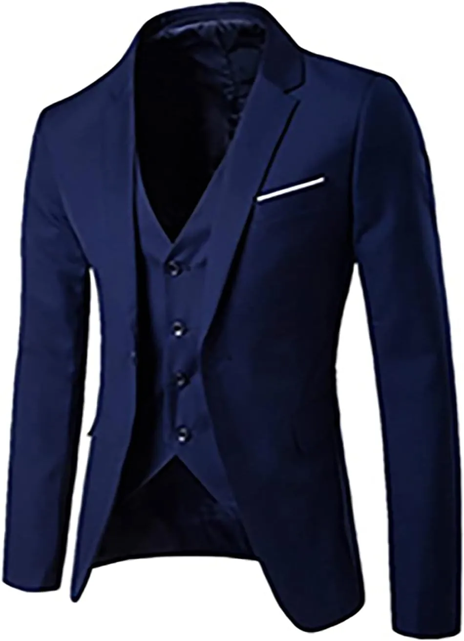 Mens 3 Piece Suit Blazer, Slim Fit Tux with One Button, Jacket Vest and Pants Set for Party, Wedding and Business