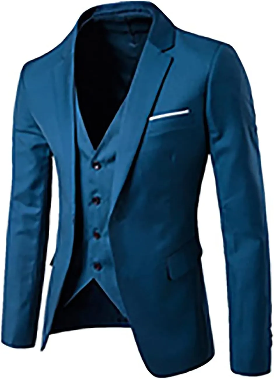 Mens 3 Piece Suit Blazer, Slim Fit Tux with One Button, Jacket Vest and Pants Set for Party, Wedding and Business