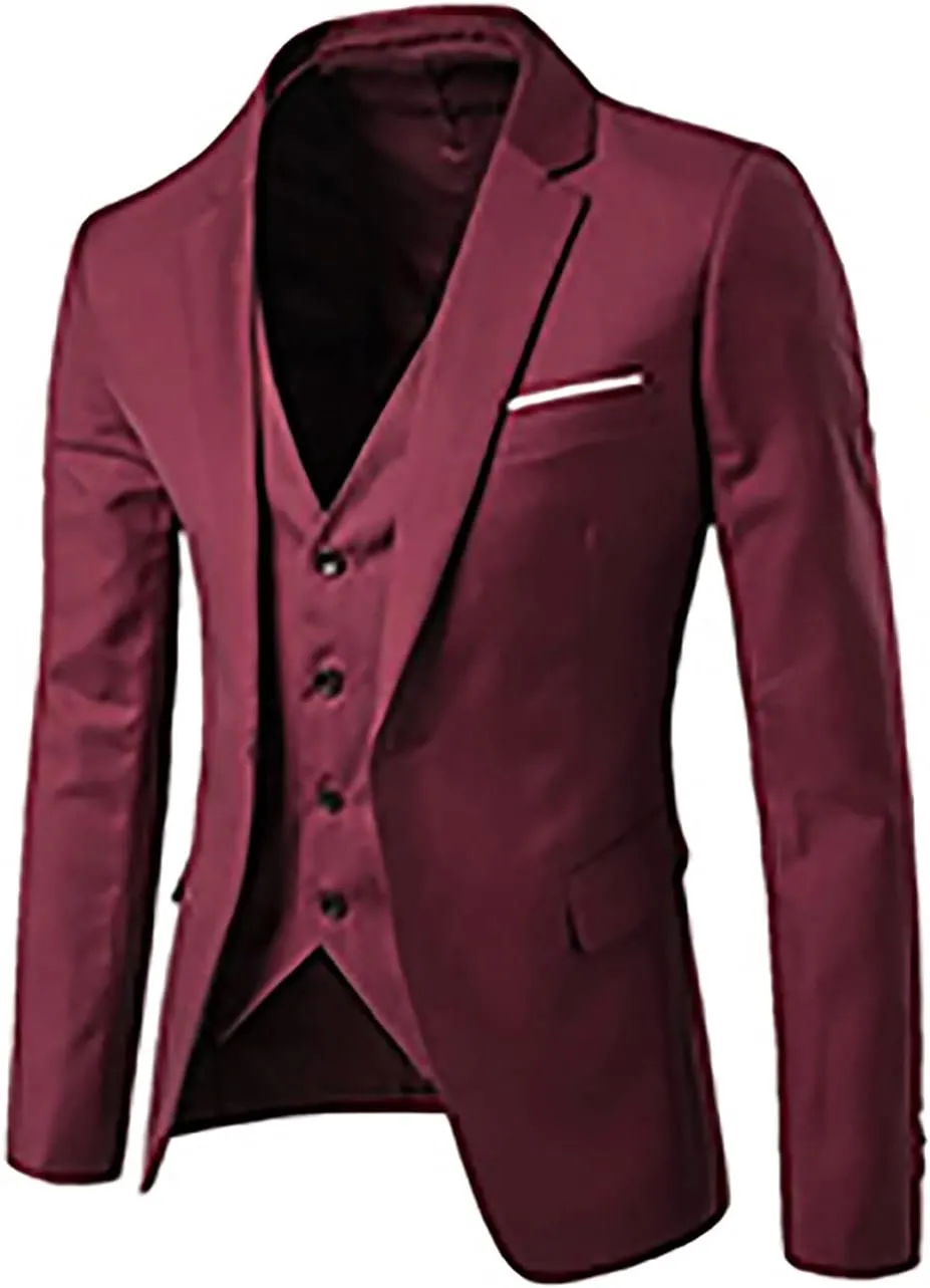 Mens 3 Piece Suit Blazer, Slim Fit Tux with One Button, Jacket Vest and Pants Set for Party, Wedding and Business