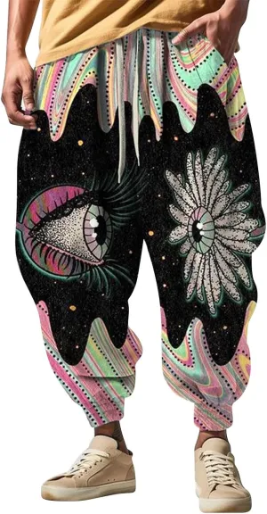 Mens All Over Print Hippie Harem Pants Hip Hop Yoga Drop Crotch Trousers Drawstring Baggy Loose Beach Aladdin Pants