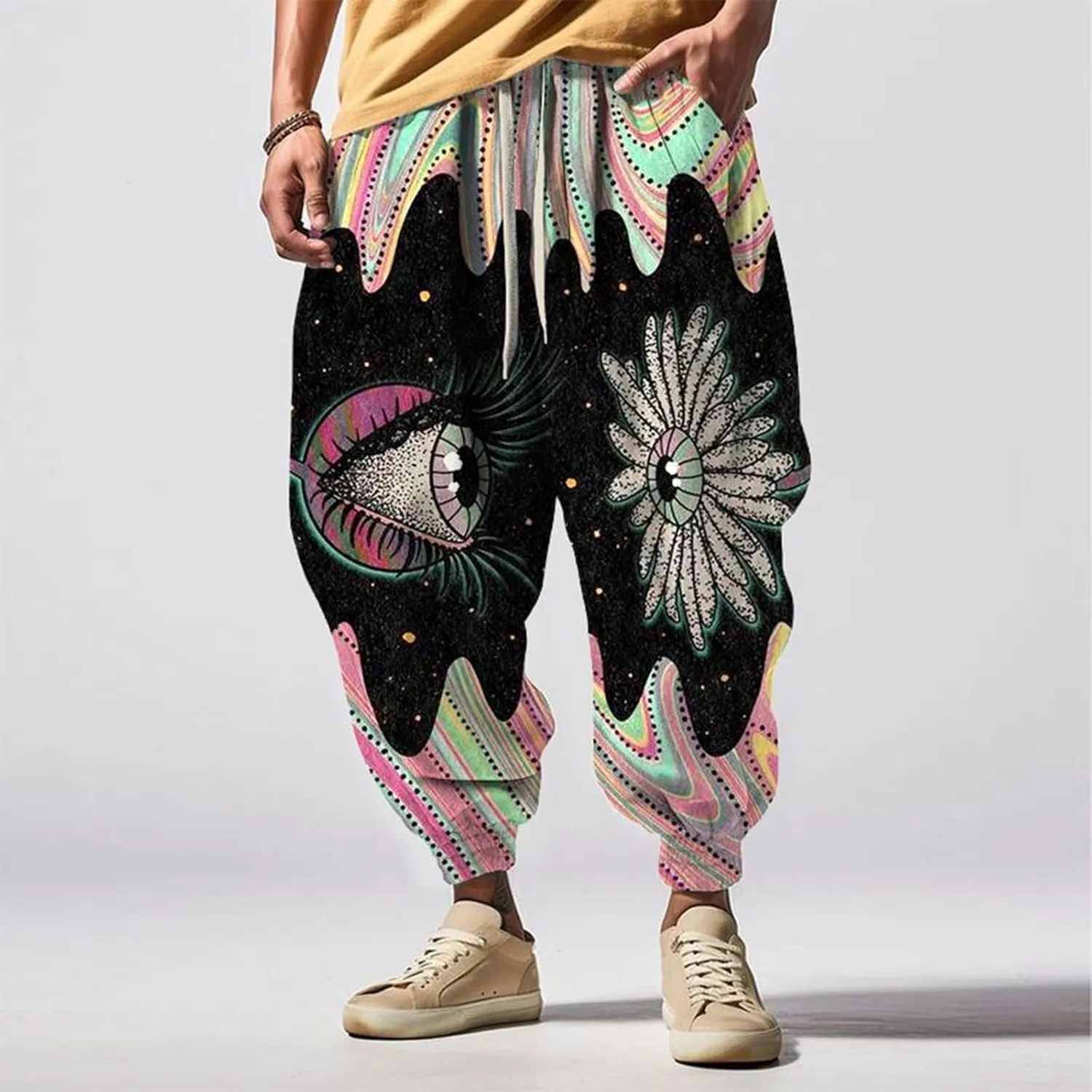Mens All Over Print Hippie Harem Pants Hip Hop Yoga Drop Crotch Trousers Drawstring Baggy Loose Beach Aladdin Pants