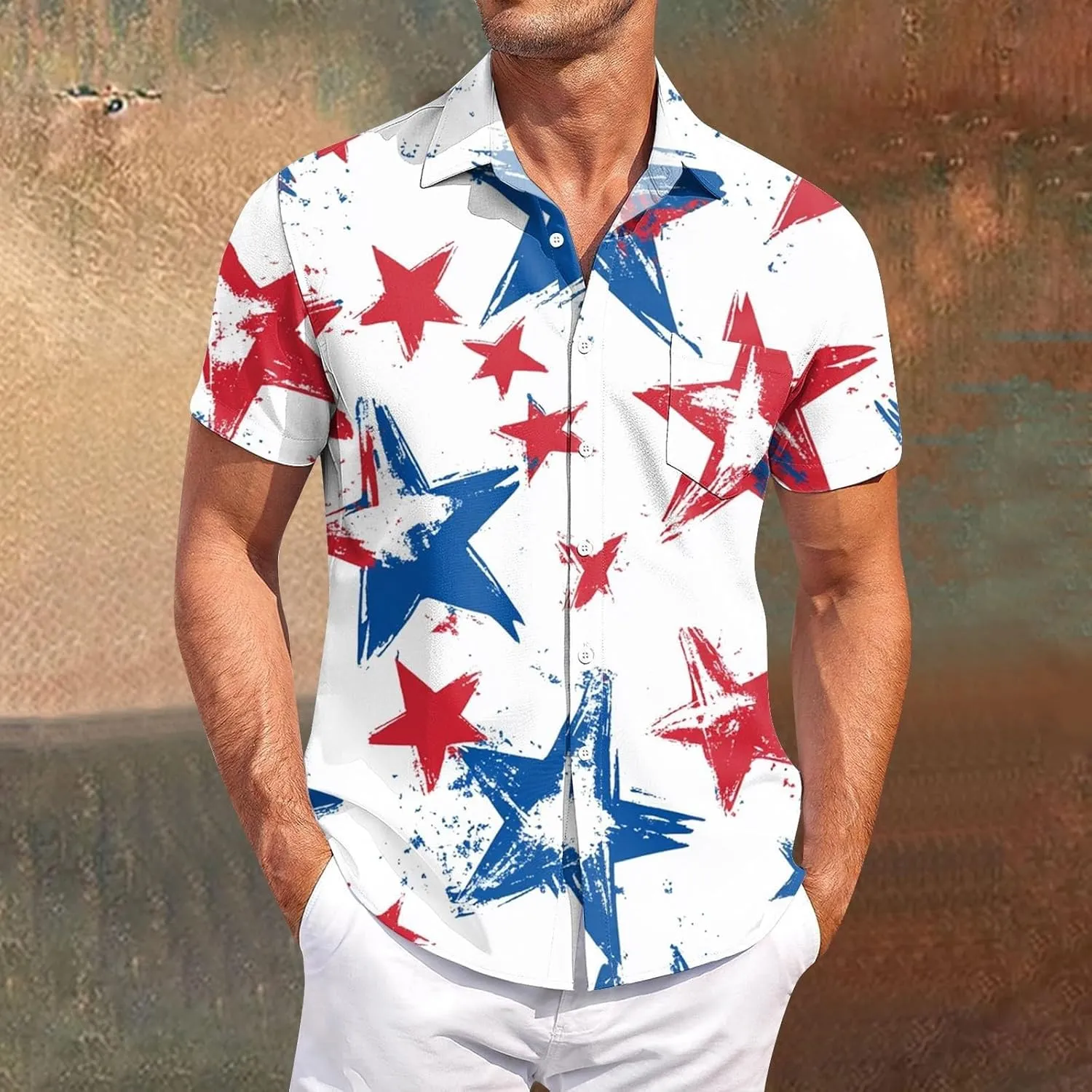 Men's American Flag Print Patriotic Shirt Casual Short Sleeve Hawaiian Button Down Top Summer Vacation Beach Party Blouse