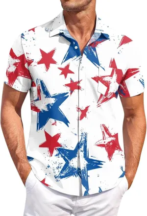 Men's American Flag Print Patriotic Shirt Casual Short Sleeve Hawaiian Button Down Top Summer Vacation Beach Party Blouse